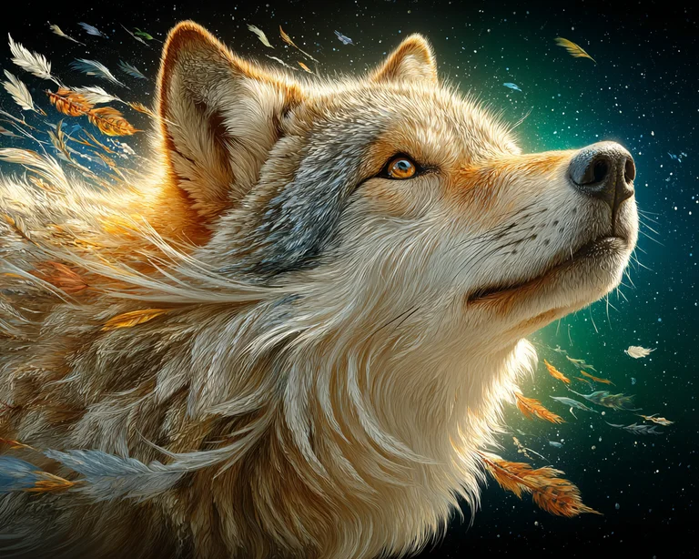 A majestic wolf is depicted in a close-up profile view, looking