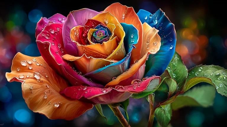 A vibrant, multi-colored rose is depicted with numerous water