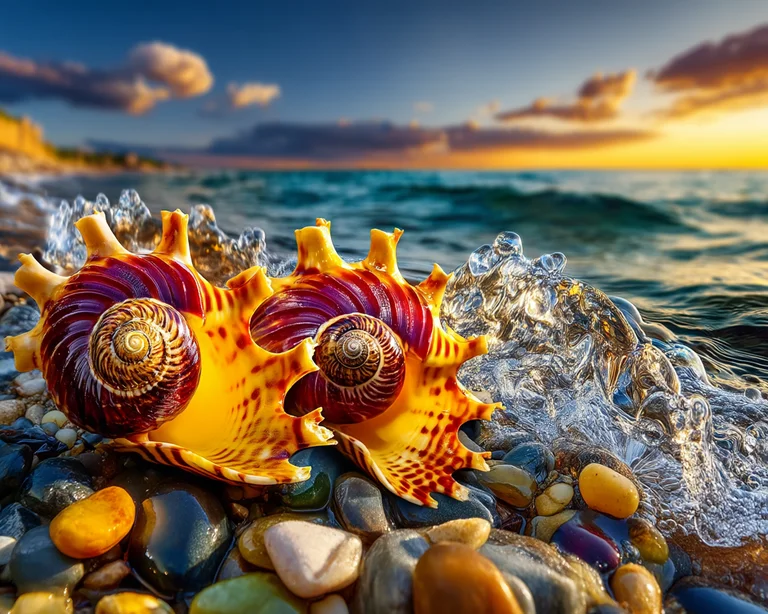 A close-up view of a vibrant, multi-colored seashell rests on a