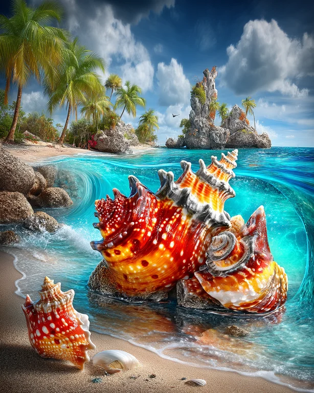 A vibrant collection of seashells rests on a tropical beach, with