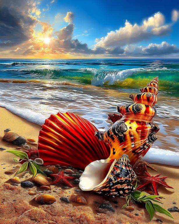 A collection of colorful seashells rests on a sandy beach, with