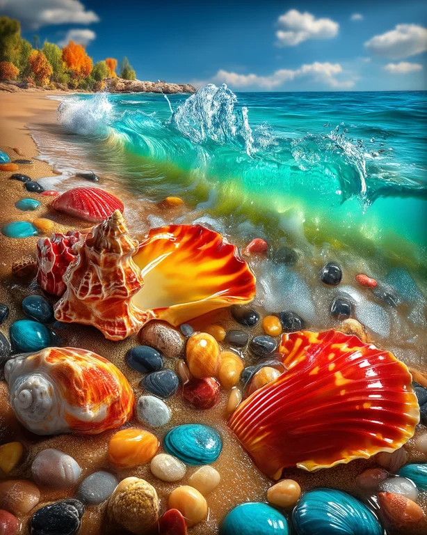 A close-up view of colorful seashells and smooth pebbles scattered on