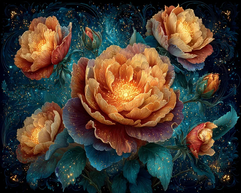 A close-up view of several large, luminous flowers with intricate,