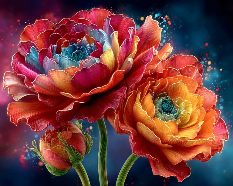 A vibrant, close-up view of three fantastical flowers in full bloom