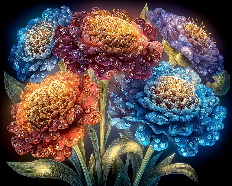 A close-up, vibrant digital painting showcases a bouquet of