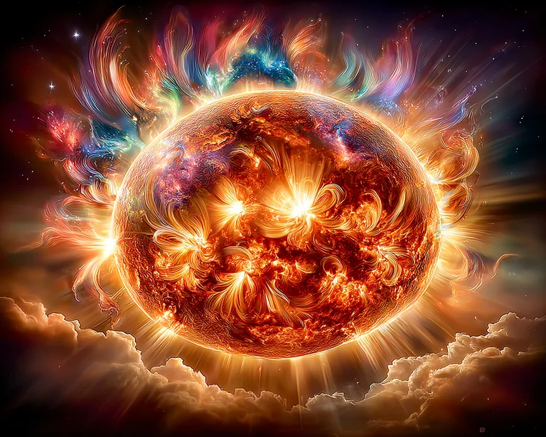 A vibrant and dynamic depiction of the sun, radiating intense heat