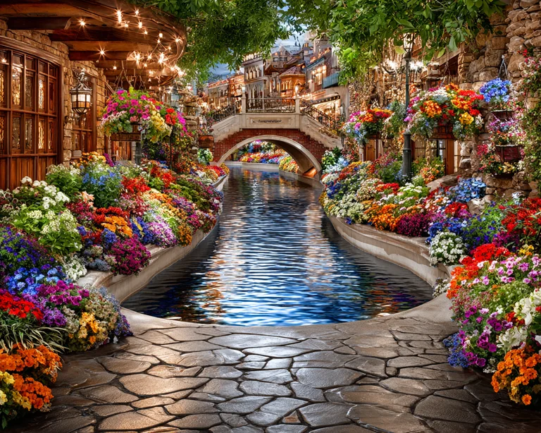 A picturesque canal lined with vibrant flowers and charming