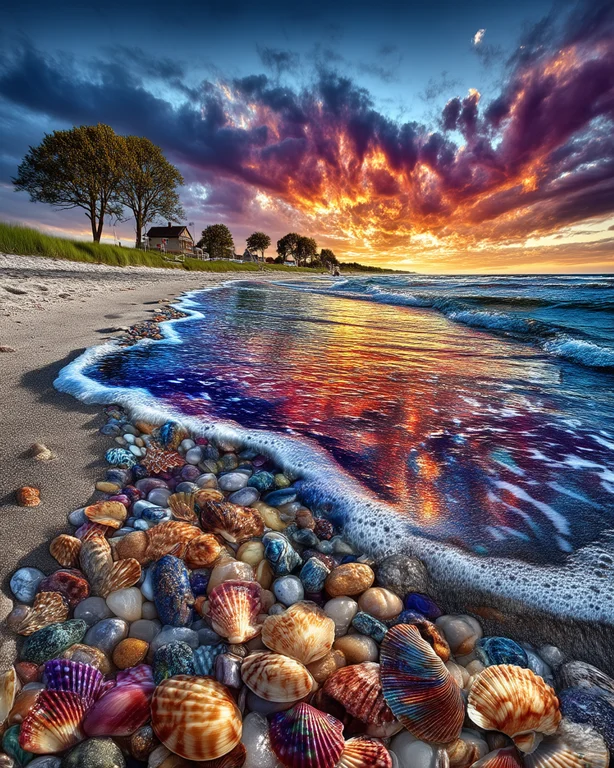 A vibrant beach scene at sunset, with a foamy wave washing over a