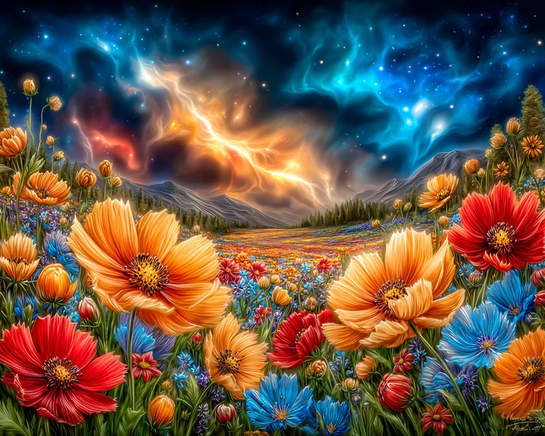 A vibrant field of colorful flowers stretches towards distant