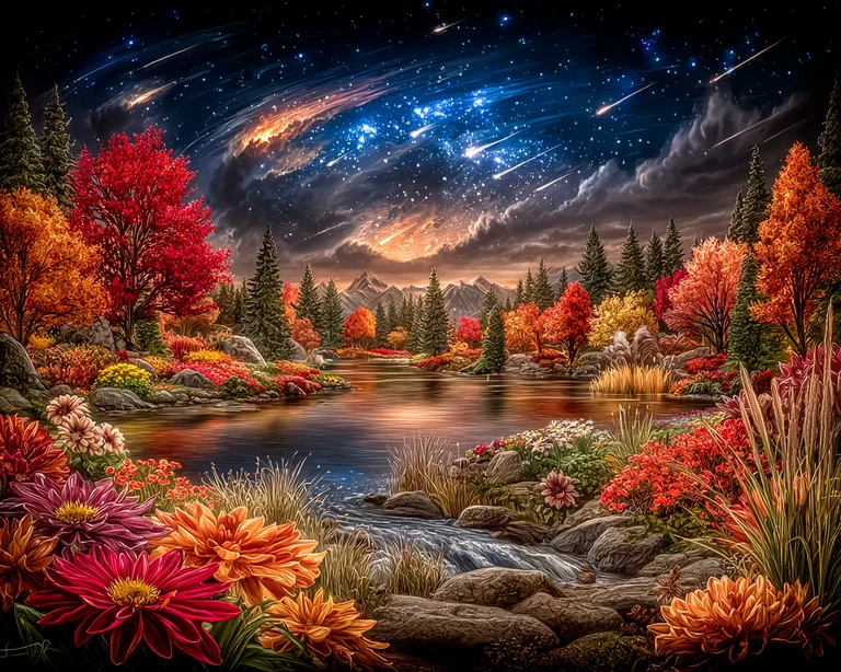 A vibrant autumn landscape unfolds under a dramatic night sky filled