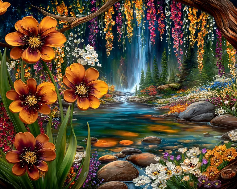 A vibrant and magical forest scene unfolds with a cascading waterfall
