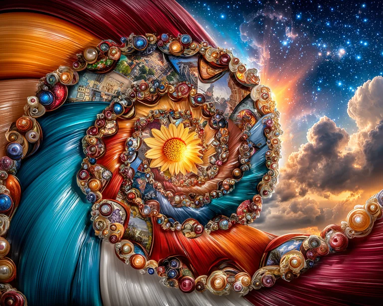 An intricate, swirling spiral composition filled with miniature