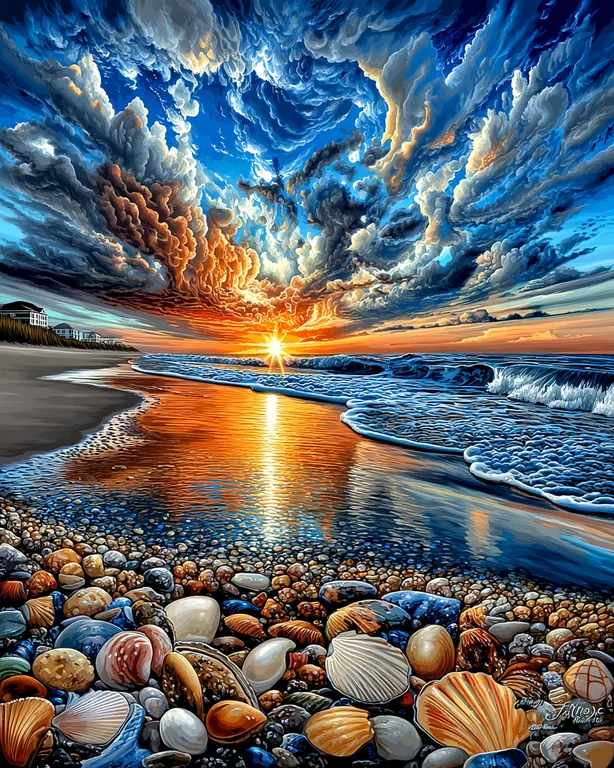 A dramatic sunset over a beach, with turbulent clouds illuminated by