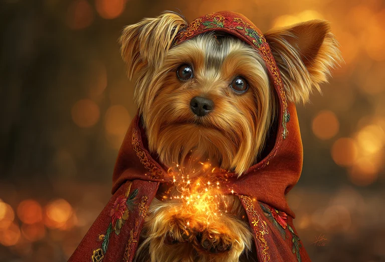 A close-up portrait of a Yorkshire Terrier dog wearing a hooded cloak