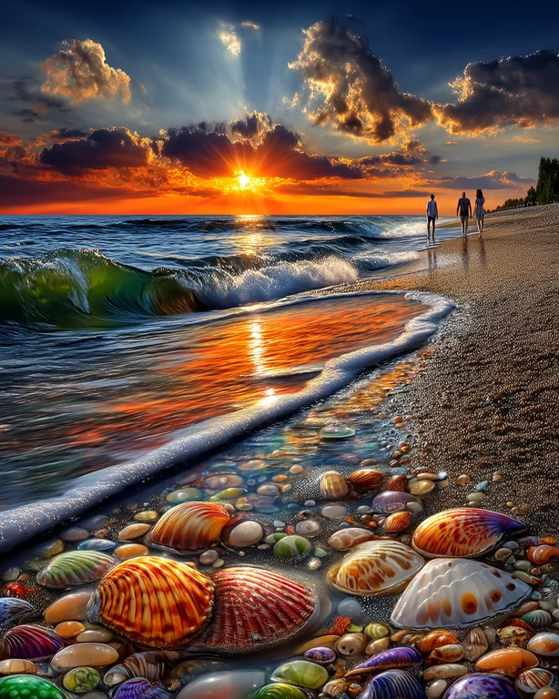 A breathtaking sunset over a tranquil ocean beach