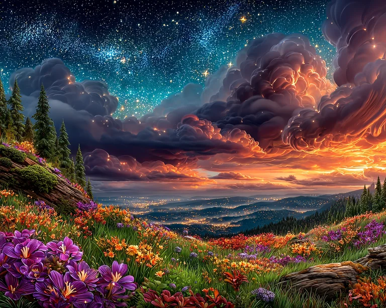 A breathtaking vista unfolds from a flower-filled meadow overlooking