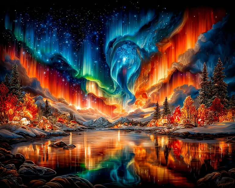 A breathtaking winter landscape is illuminated by a vibrant aurora