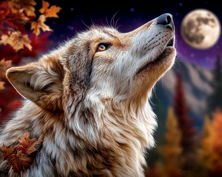 A majestic wolf howls at a full moon under a starry night sky