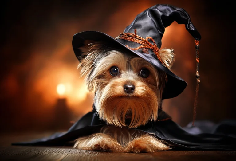 A small, fluffy Yorkshire Terrier is dressed in a black witch's hat