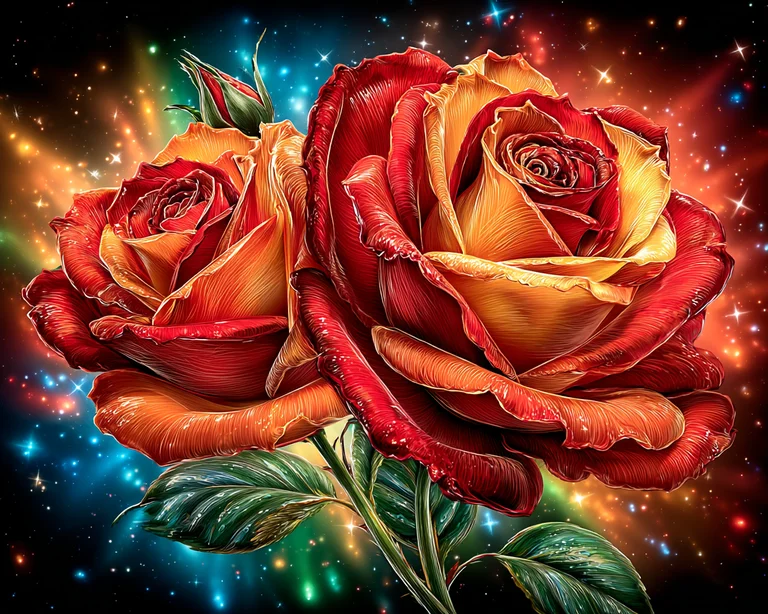 Two vibrant roses, one fully bloomed and the other a bud, are set
