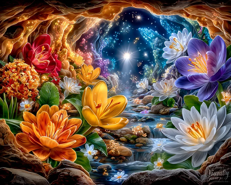 A vibrant and magical cave scene filled with luminous flowers and a