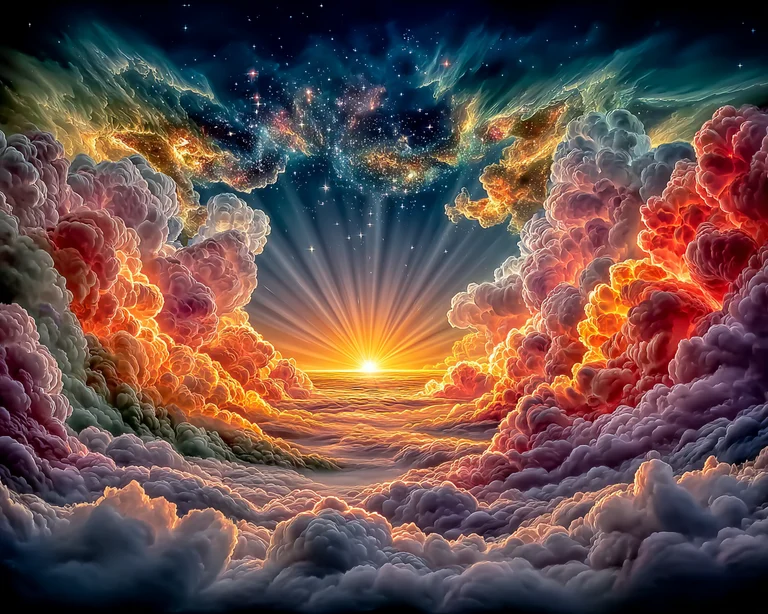 A dramatic sunrise or sunset breaks through a dense field of colorful