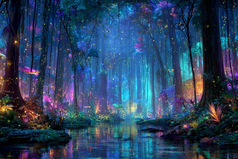 A magical forest scene at night, illuminated by bioluminescent flora