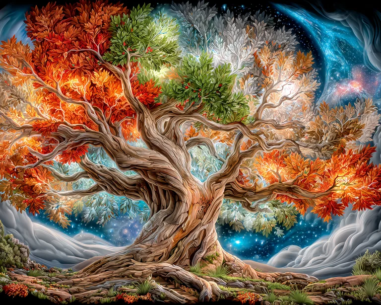 A majestic, ancient tree stands as a symbol of the changing seasons