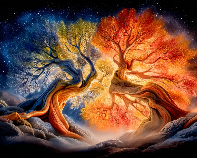 Two intertwined, ancient trees stand majestically against a cosmic