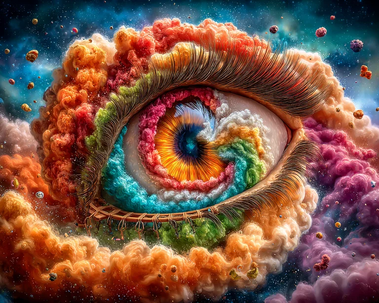 A surreal, cosmic eye is depicted, swirling with vibrant colors that