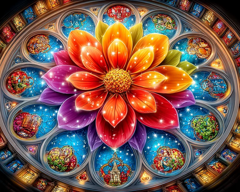 A vibrant, multi-colored flower is superimposed over a detailed