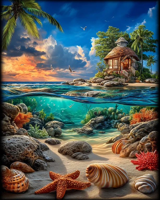 A split view of a tropical island paradise