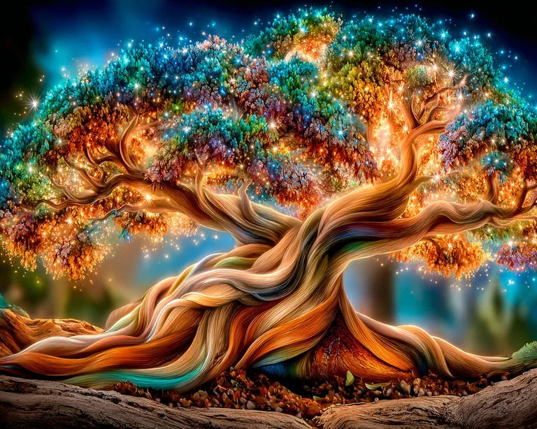 A majestic, ancient tree with a gnarled, twisted trunk and vibrant,