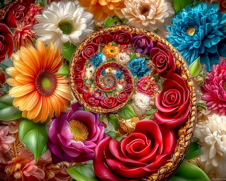 A vibrant and intricate floral arrangement forms a Fibonacci spiral,