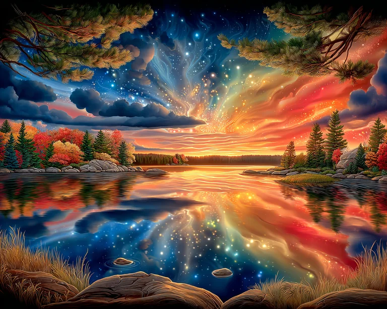 A breathtaking natural landscape unfolds with a serene lake