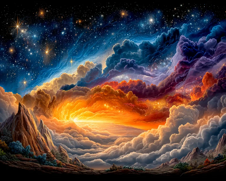 A breathtaking cosmic vista unfolds with a dramatic sunrise or sunset