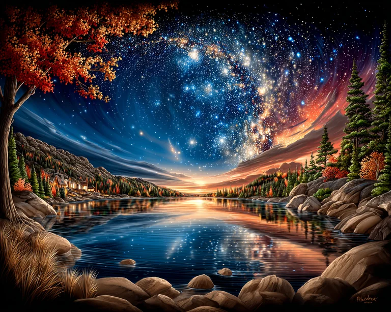 A breathtaking view of a tranquil lake reflecting a vibrant night sky