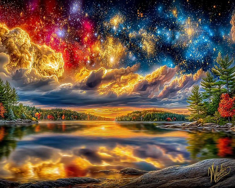 A breathtaking cosmic vista unfolds above a serene lake, reflecting