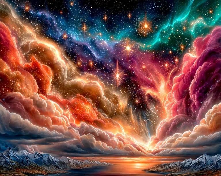 A breathtaking cosmic vista unfolds with vibrant nebulae swirling in
