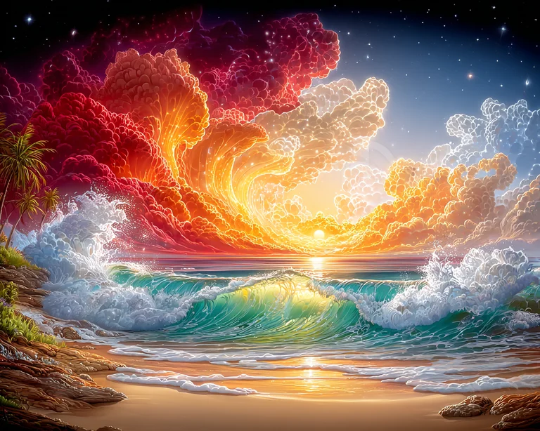 A dramatic and vibrant sunset over a tropical beach