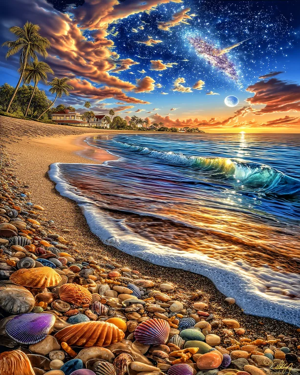 A breathtaking tropical beach scene unfolds at twilight, where the