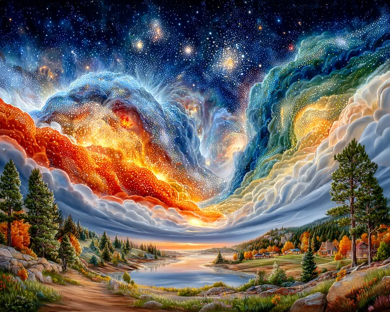 A breathtaking cosmic vista unfolds above a serene terrestrial