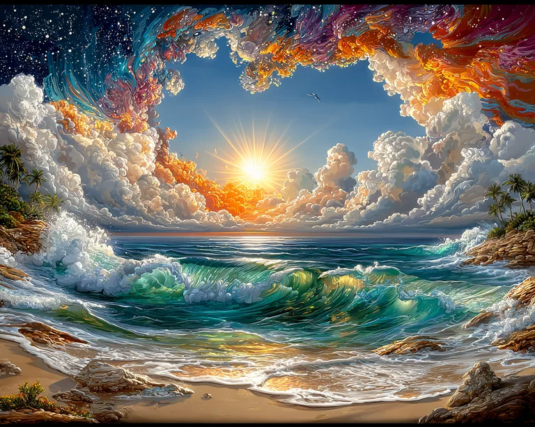A vibrant and surreal seascape unfolds with a dramatic sky framing a