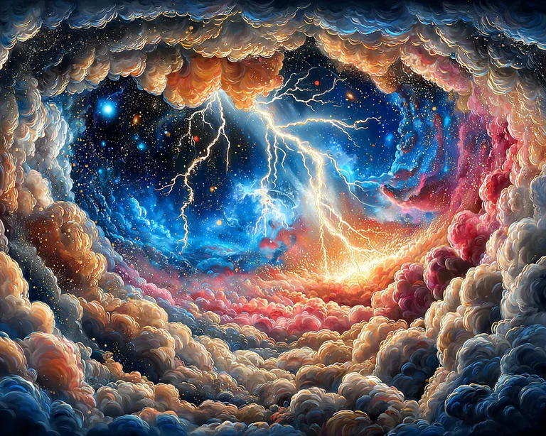 A dramatic and vibrant celestial scene unfolds, dominated by a