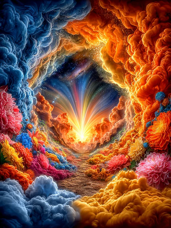 A vibrant and surreal landscape unfolds, with swirling clouds of blue