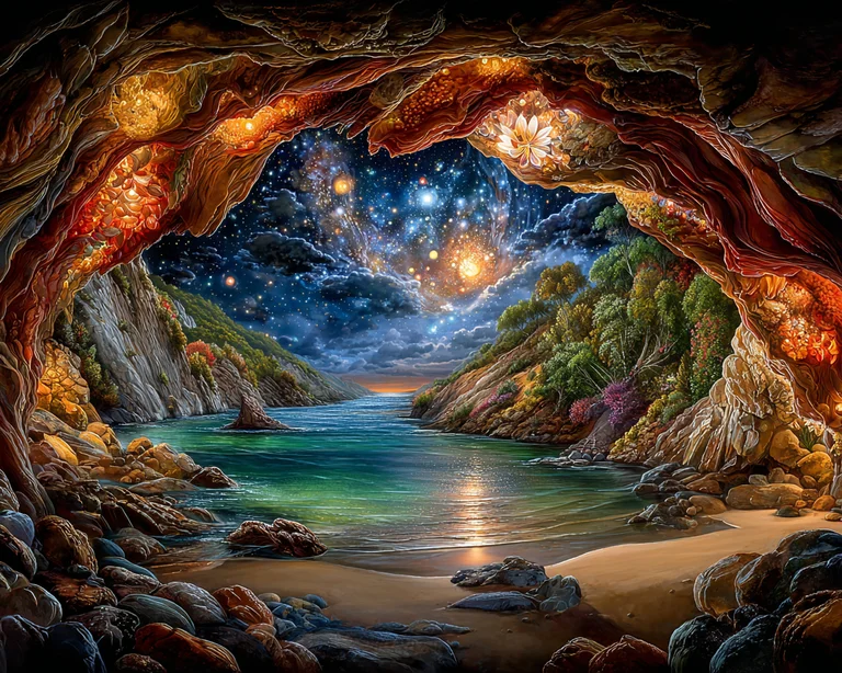 A breathtaking view from inside a cave opens up to a serene bay under