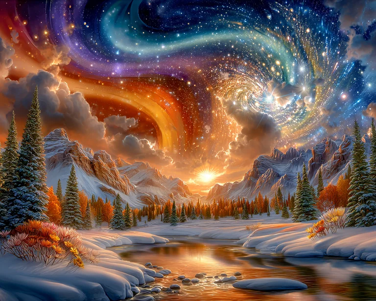 A breathtaking winter landscape unfolds under a swirling, star-filled