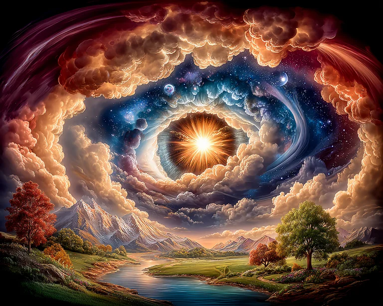 A surreal and cosmic landscape unfolds, featuring a majestic mountain