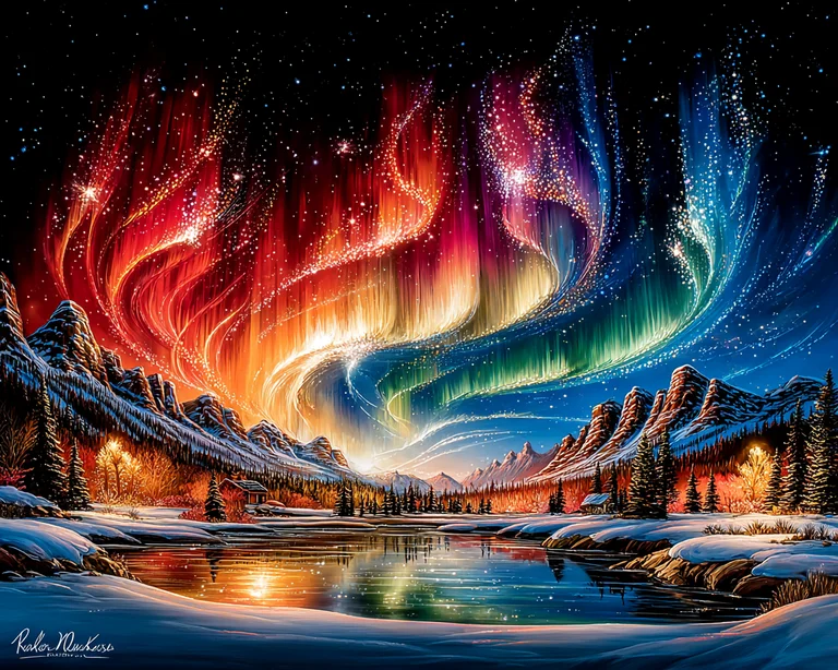 A breathtaking winter landscape is illuminated by a vibrant aurora