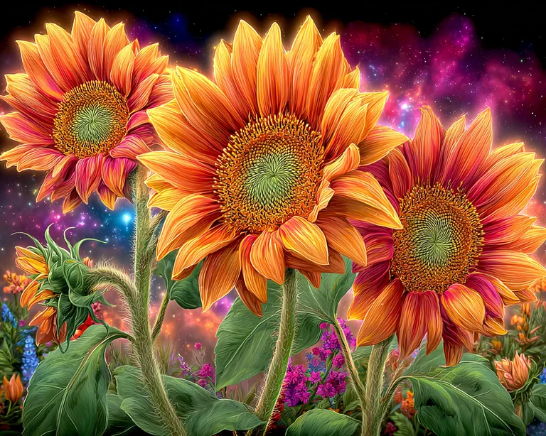 Three vibrant sunflowers are in full bloom, their petals radiating